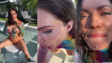 Blonde viking girl slobbering all over his cock in the pool... absolute mess