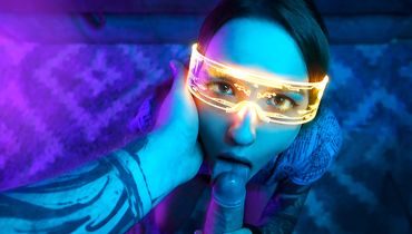Cyberpunk dick destroying this tiny slut's mouth